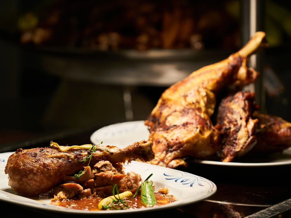 A roast chicken dinner plate — representative of the roast chicken meal served through the show